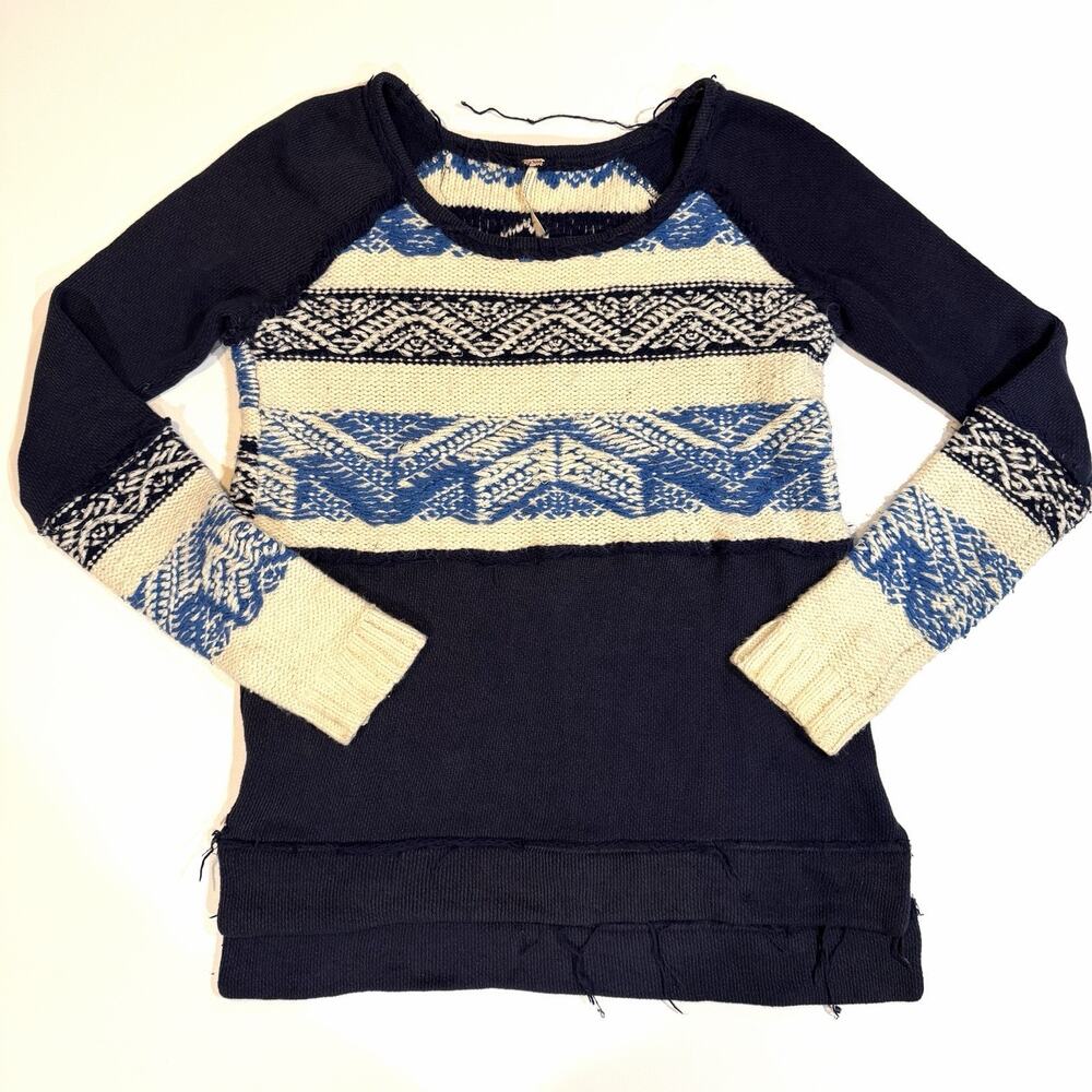 Free People Sweater Womens XS Navy Blue Cream Fair Isle Tunic Knit Boho